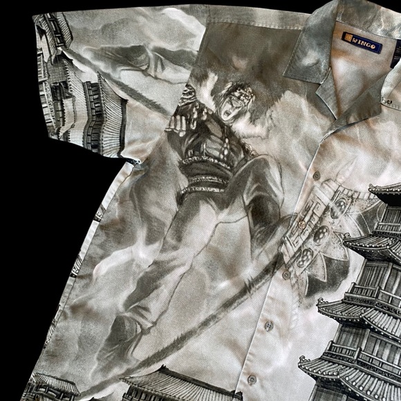 Y2K 00s Wingo Anime Graphic Japan Pagoda Button Down Shirt AOP Polyester Mens XL - Picture 2 of 11